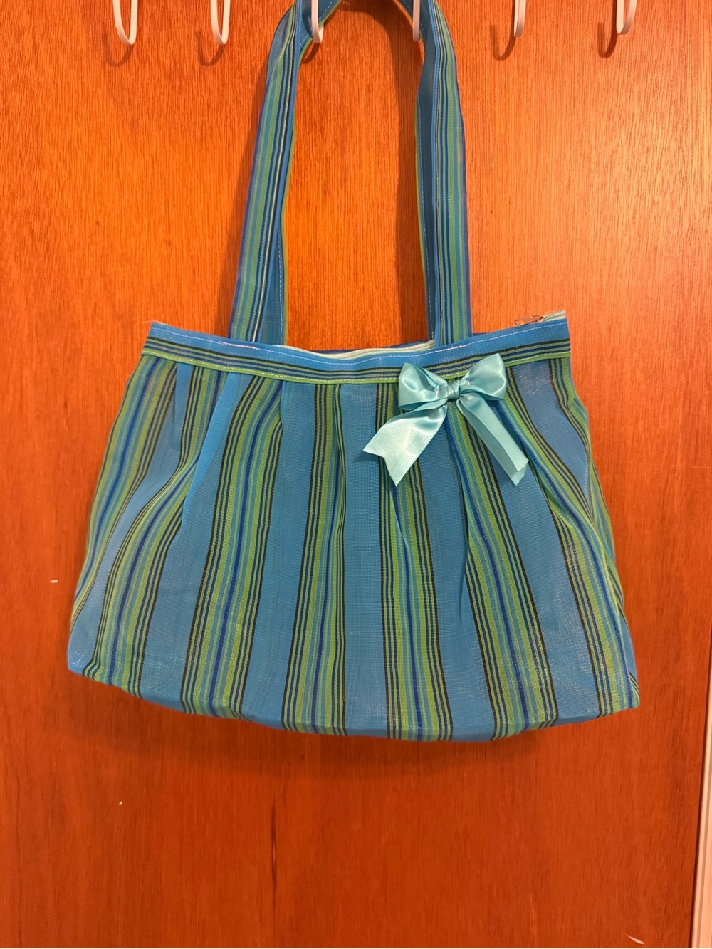 Blue and Green Striped Tote Bag with Bow